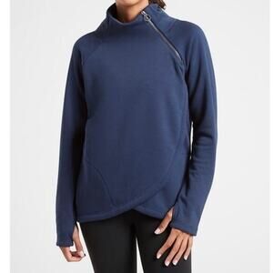 Athleta Cozy Karma Asym Pullover Sweatshirt Medium Blue Women's Mock Neck